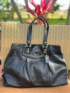 Coach Ashley Black Leather Carryall Shoulder Bag Large Purse Tote- No Strap EUC
